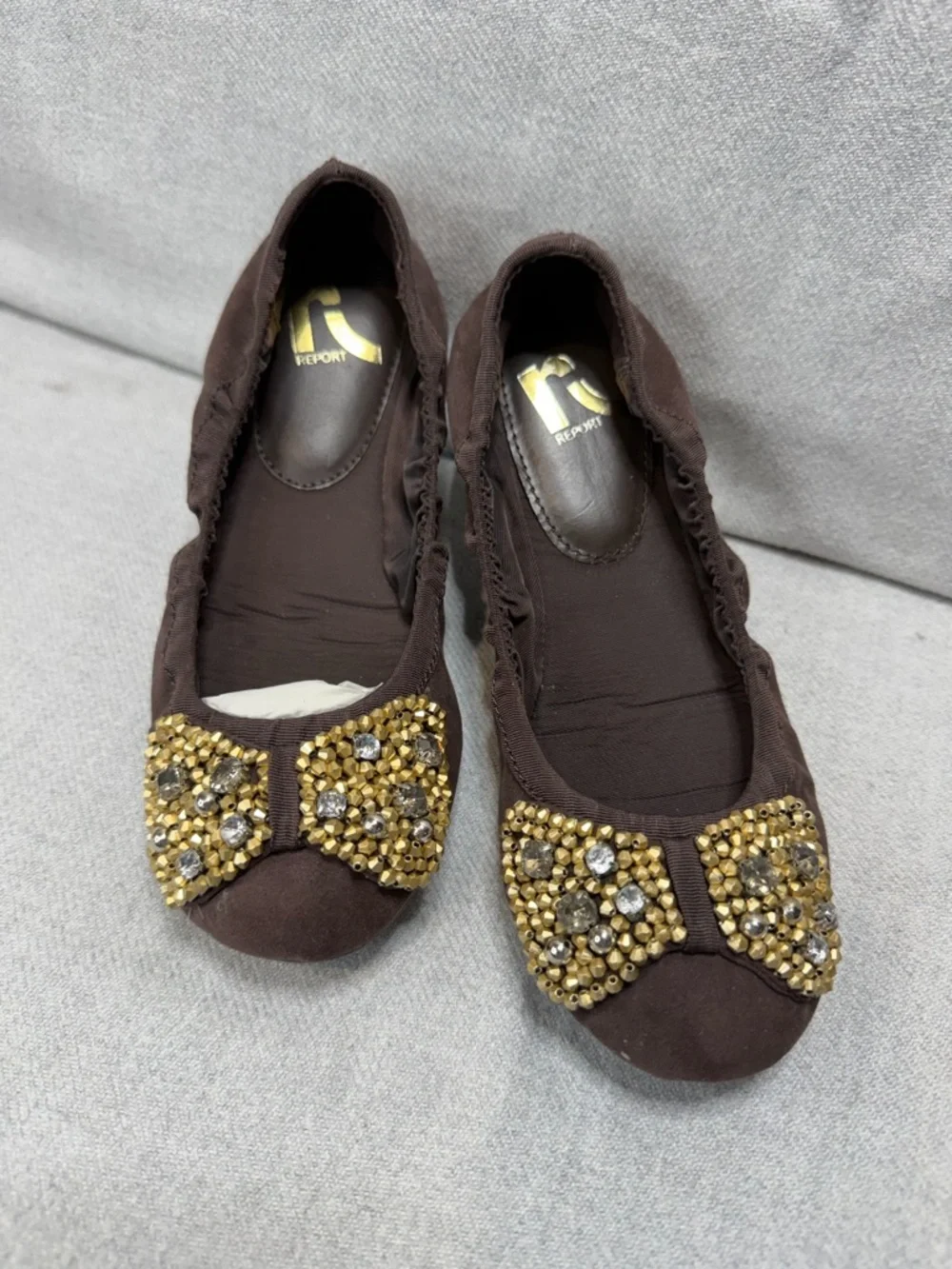 NWOT Report Dark Brown Slip-On Ballet Flats with Gold Accent Bow W5.5